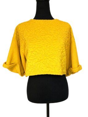 H&M Mustard Yellow Textured Floral Cropped Boxy Cotton Sweater Top Womens S